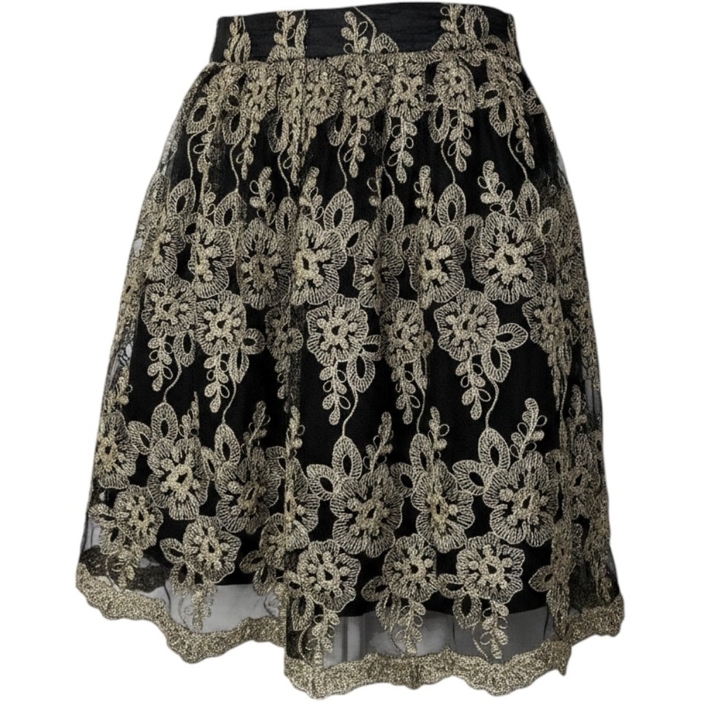 Bitton Mini Skirt Womens Small‎ Black Gold Metallic Floral Lace Overlay Party